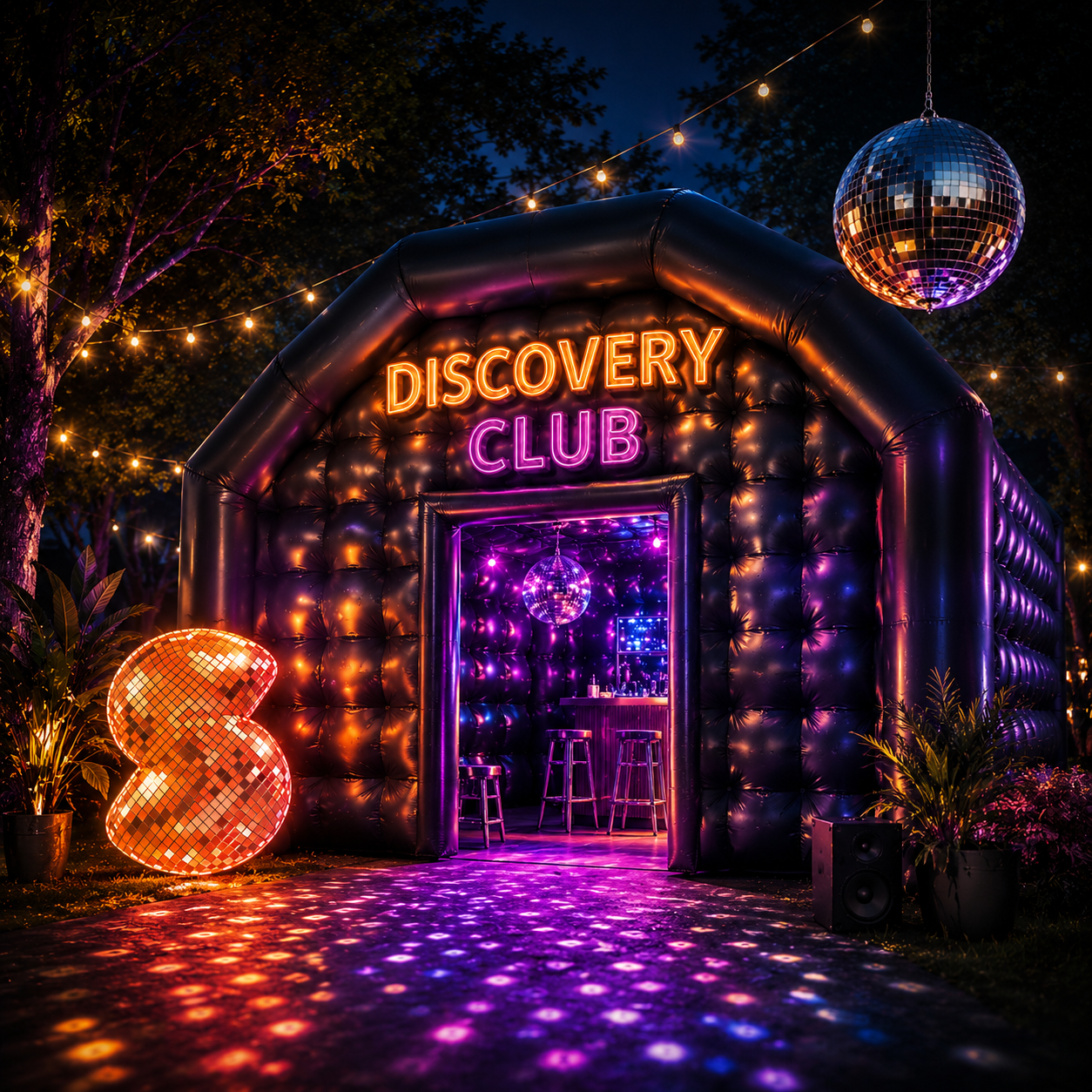 De Skrepr Discovery Club, inflatable tent met disco-ball en neon-letters in oranje en paars