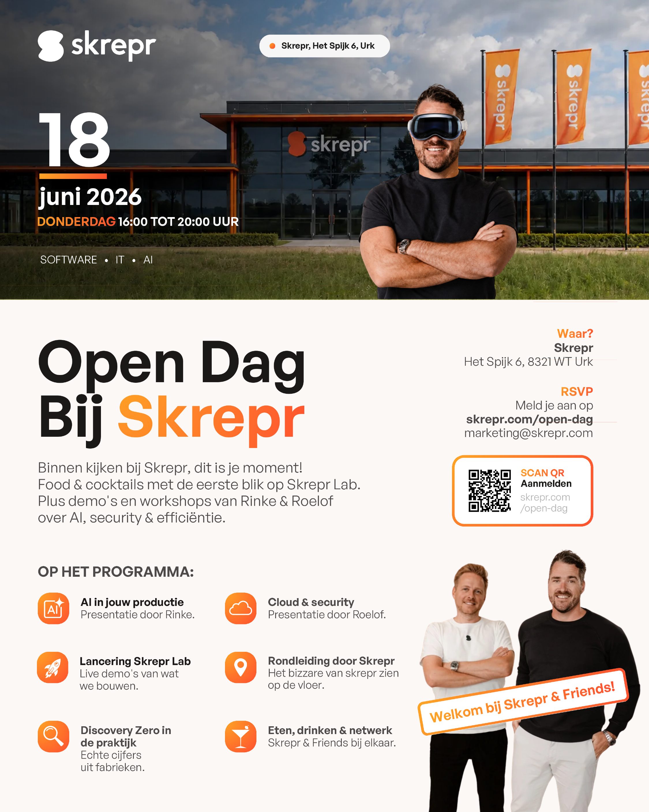 Open Dag bij Skrepr, 18 juni 2026, poster met programma en QR-code